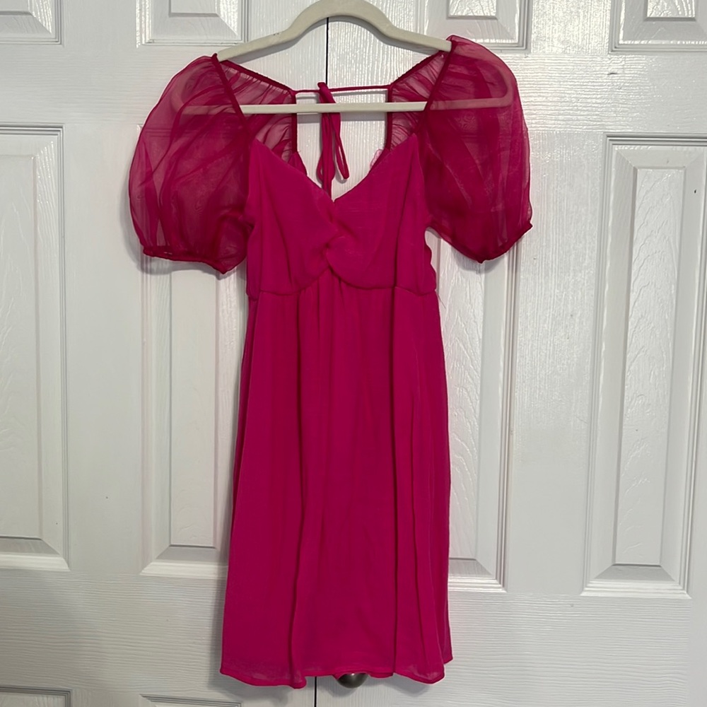 HOT PINK PUFF SLEEVE MINI DRESS